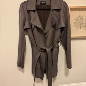 Tahari Faux suede belted‎ jacket taupe brown size small